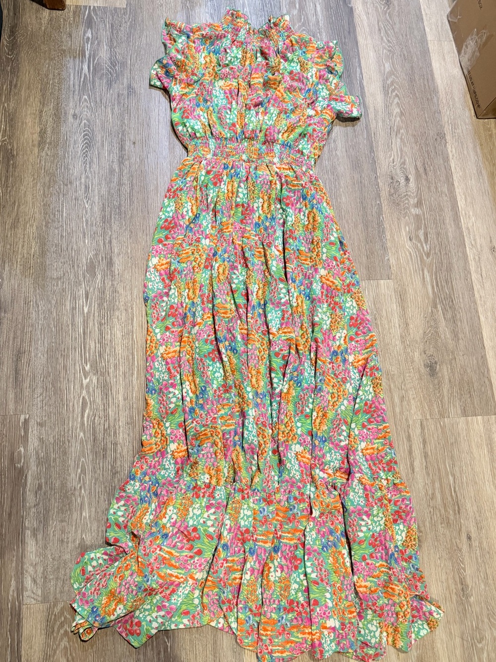 MELLODAY Multicolor Floral Ruffle Maxi Dress in Green and Pink